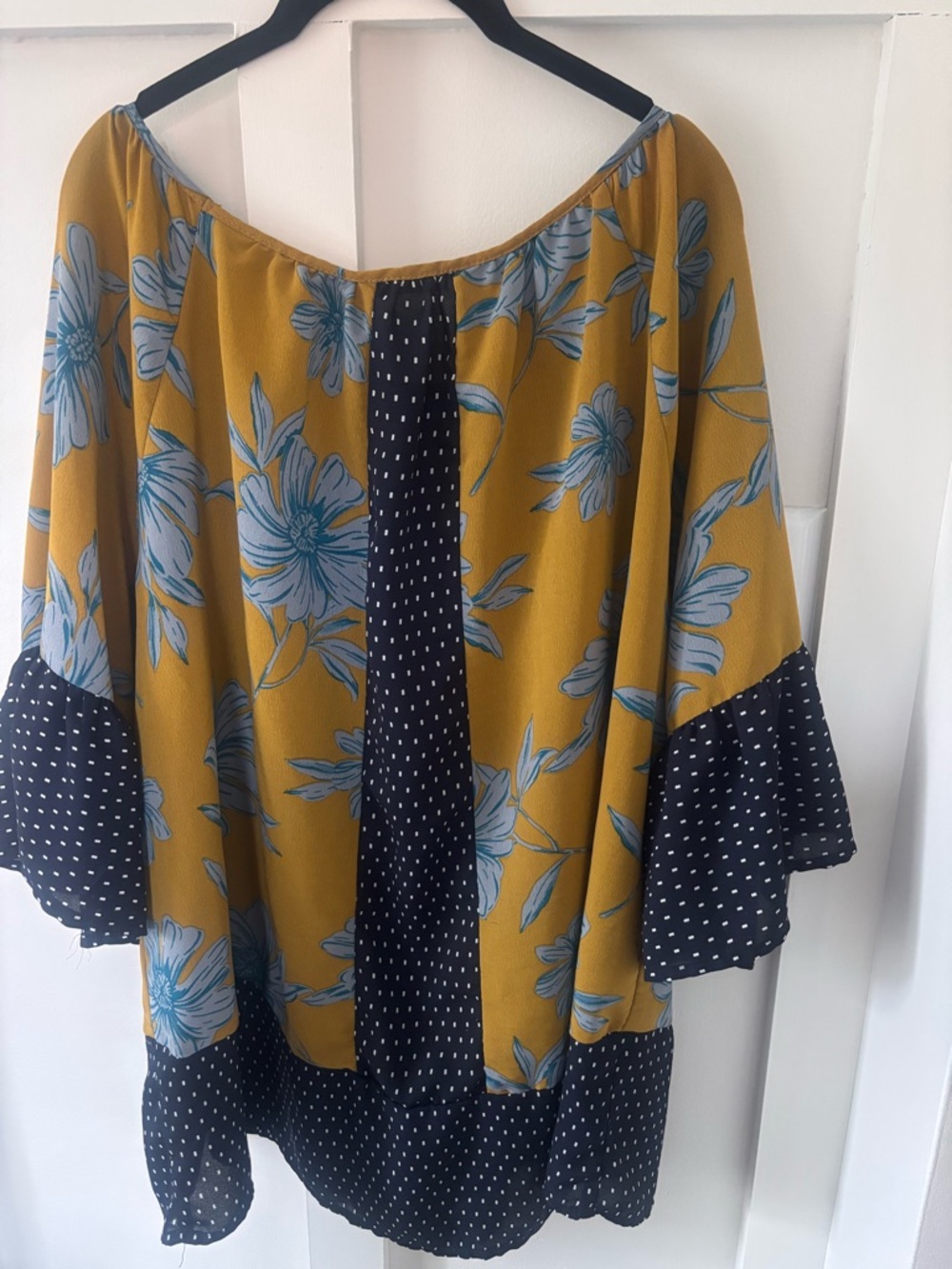 Boutique Mixed-Print Floral Tunic 🌼 Mustard & Navy | ODDY 1XL NWOT Boho Chic - Picture 5 of 5